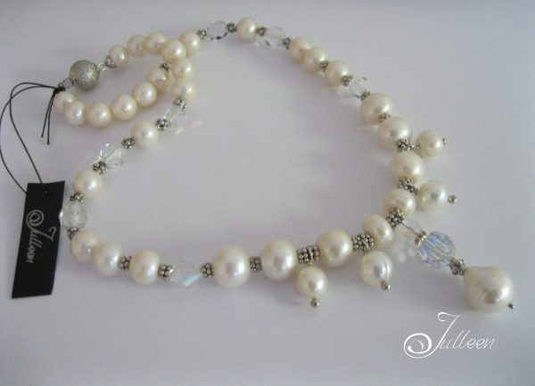 Bridal Pearl Necklace. White Pearl and Crystal, Sterling Silver Necklace - Image 2