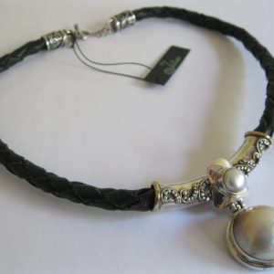 Funky Tube Cream Mabe and Pearl Pendant on Black Braided Leather
