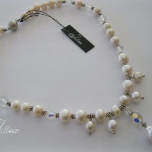Bridal Pearl Necklace. White Pearl and Crystal, Sterling Silver Necklace