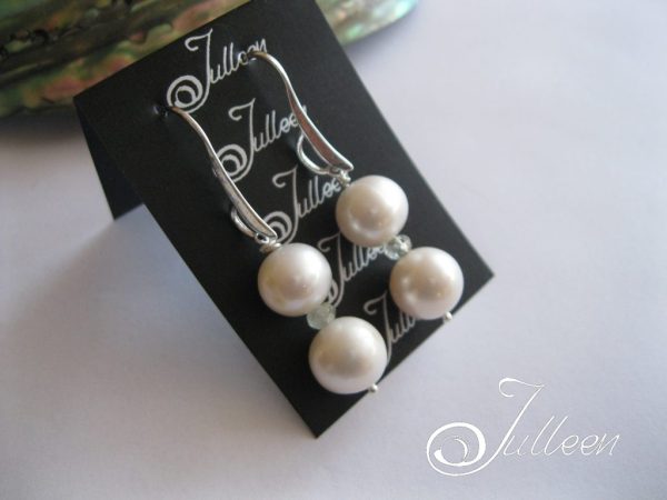 White Double Pearl Aquamarine Sterling Silver Paddle Hook Earring