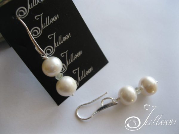 White Double Pearl Aquamarine Sterling Silver Paddle Hook Earring - Image 4