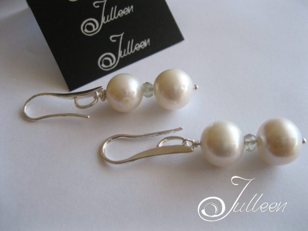 White Double Pearl Aquamarine Sterling Silver Paddle Hook Earring - Image 3
