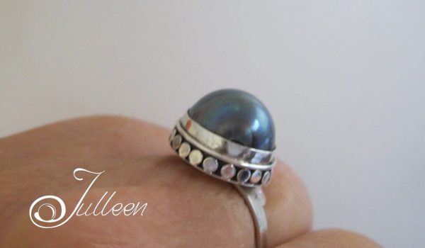 Black Moon Mabe Ring Adjustable Band 925 - Image 4