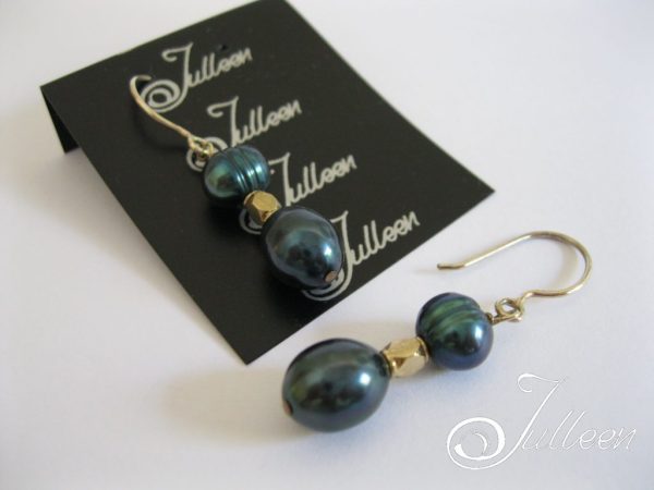 Peacock Green Double Pearl Hook Earring Gold Vermeil - Image 2