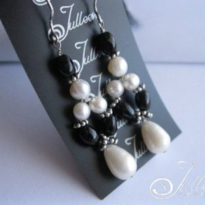 White Pearl and Black Jet Weave Hook Earring