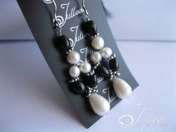 White Pearl and Black Jet Weave Hook Earring