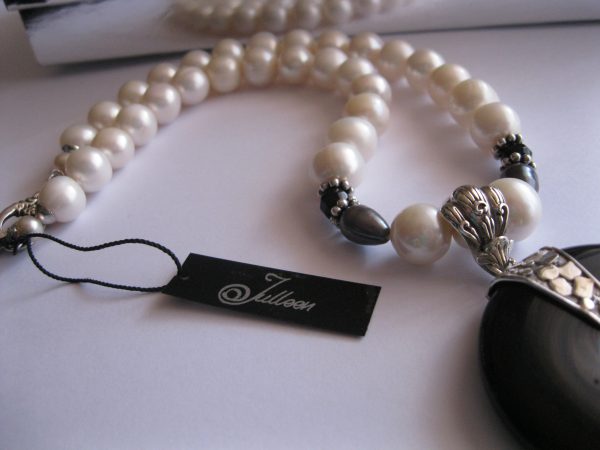 Huge Onyx O Ring Stone Pendant on Huge White Pearl Necklace 925 - Image 4