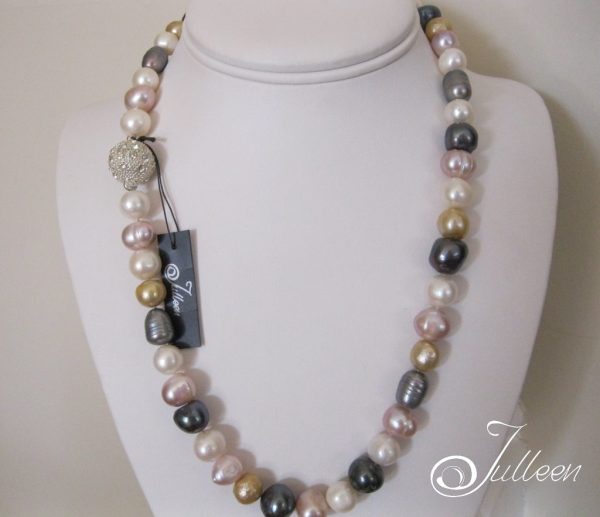 Multi Tone Large Pearl Necklace Crystal Ball Clasp - Image 4