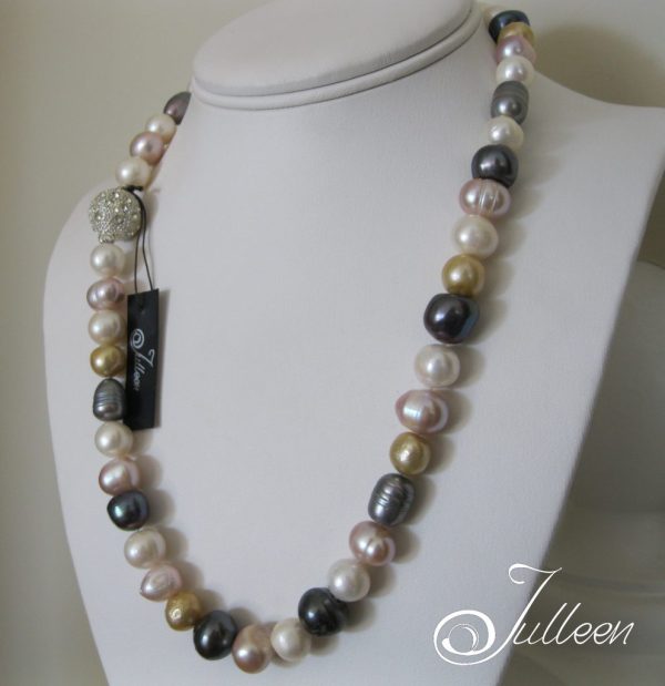 Multi Tone Large Pearl Necklace Crystal Ball Clasp - Image 3