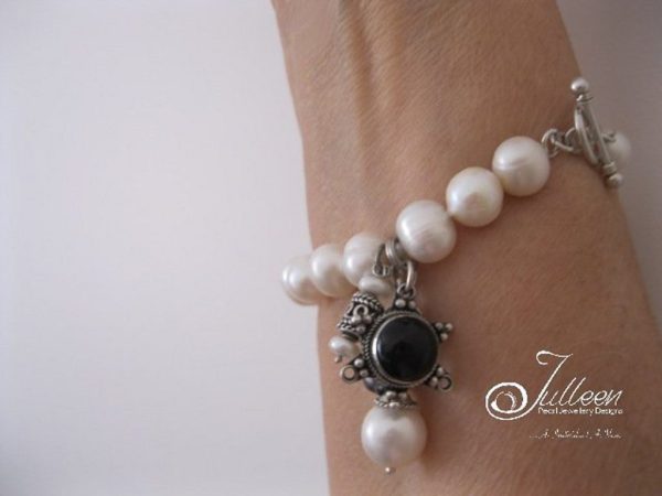 Onyx White Pearl Dangle Charm Bracelet 925 - Image 2