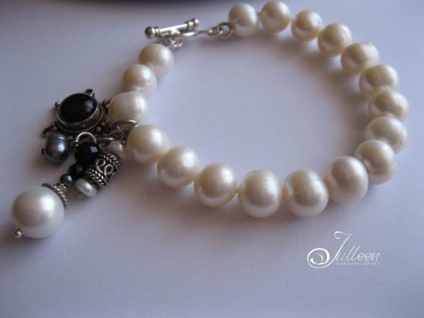Onyx White Pearl Dangle Charm Bracelet 925 - Image 3
