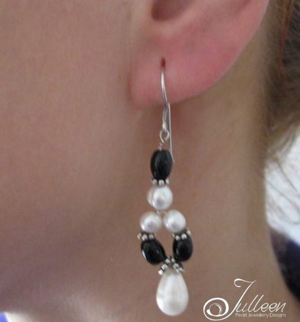 White Pearl and Black Jet Weave Hook Earring - Image 4