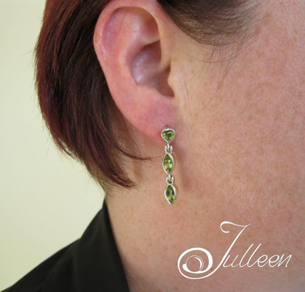 Triple Marquise Cut Peridot Sterling Silver Earrings on Stud - Image 4