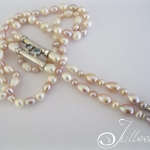 Pink White Lustrous Pearl Jewelled Tube Pendant Long Necklace 925