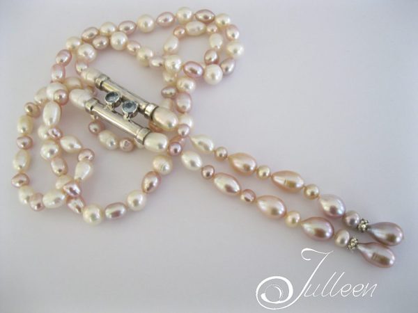 Pink White Lustrous Pearl Jewelled Tube Pendant Long Necklace 925