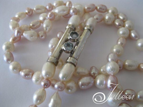 Pink White Lustrous Pearl Jewelled Tube Pendant Long Necklace 925 - Image 2