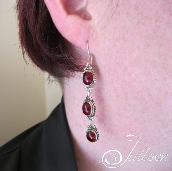 Royal Red Triple Drop Glass Cabochon Dangle Earring 925 - Image 4