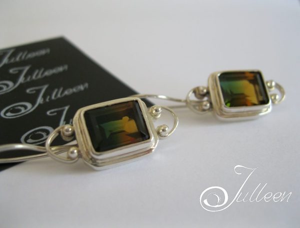 Watermelon Tourmaline Emerald Cut Gemstone Earrings 925 - Image 2