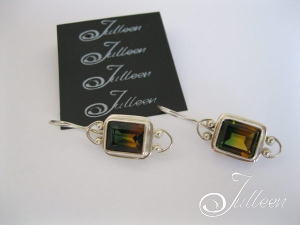 Watermelon Tourmaline Emerald Cut Gemstone Earrings 925 - Image 3
