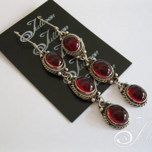 Royal Red Triple Drop Glass Cabochon Dangle Earring 925