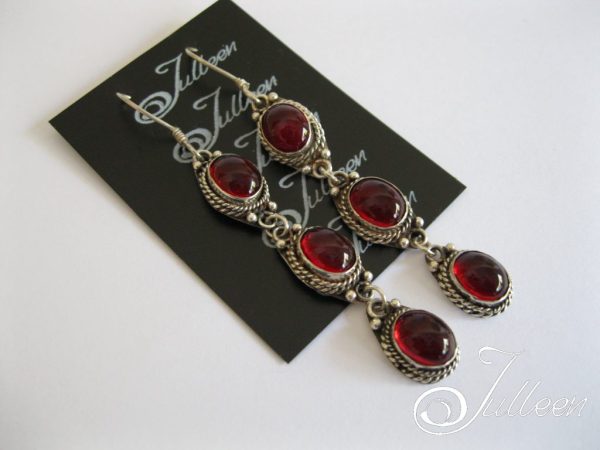Royal Red Triple Drop Glass Cabochon Dangle Earring 925