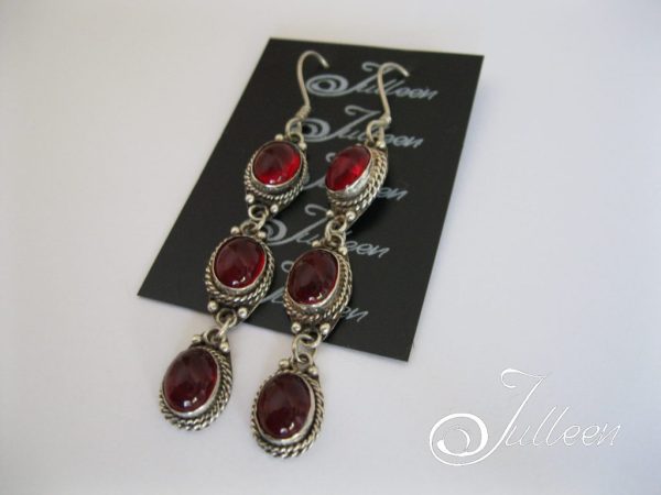 Royal Red Triple Drop Glass Cabochon Dangle Earring 925 - Image 2