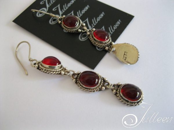 Royal Red Triple Drop Glass Cabochon Dangle Earring 925 - Image 3