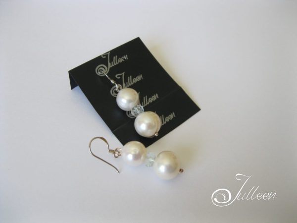 Double 11 mm White Pearl Sky Blue Topaz Gem Hook Earring 925 - Image 2