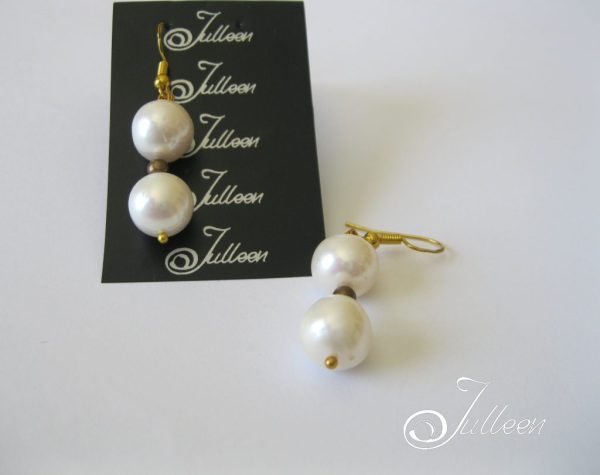 Double White 11 mm Pearl Gold Vermeil Hook Earring - Image 2