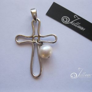 Wire and Dangling Pearl Cross Pendant Sterling Silver
