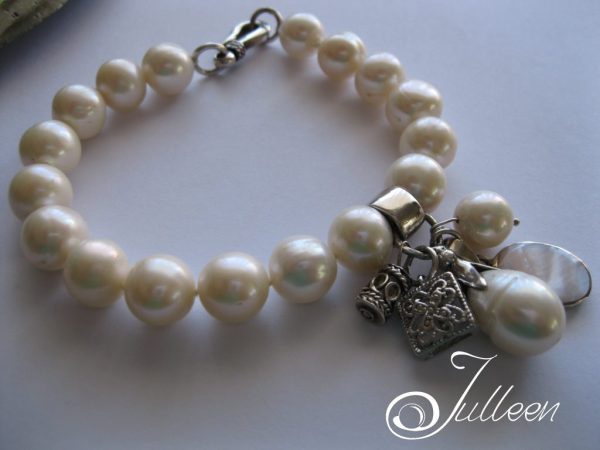 White Chunky Pearl Bracelet with Charm Cluster 925