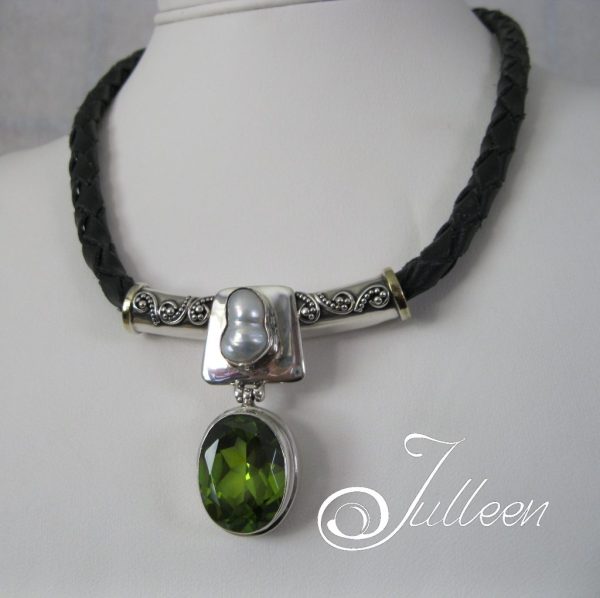 Chrome Diopside 26ct Baroque Pearl Hallmarked 925 Leather Pendant Necklace - Image 4
