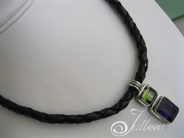 Large Emerald Cut Diopside and Amethyst Gemstone Pendant on Leather 925 - Image 3