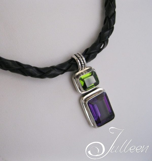 Large Emerald Cut Diopside and Amethyst Gemstone Pendant on Leather 925 - Image 4