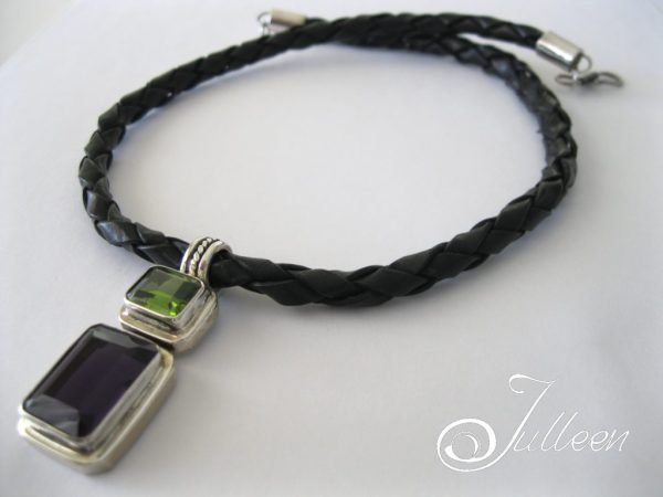 Large Emerald Cut Diopside and Amethyst Gemstone Pendant on Leather 925 - Image 5