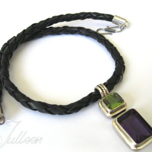 Large Emerald Cut Diopside and Amethyst Gemstone Pendant on Leather 925