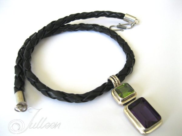 Large Emerald Cut Diopside and Amethyst Gemstone Pendant on Leather 925 - Image 2