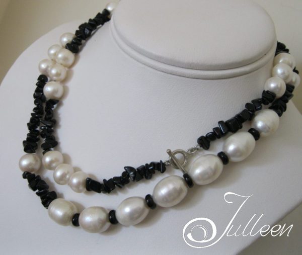 Black Obsidian and Large White Pearl Long Necklace 925 - Image 5