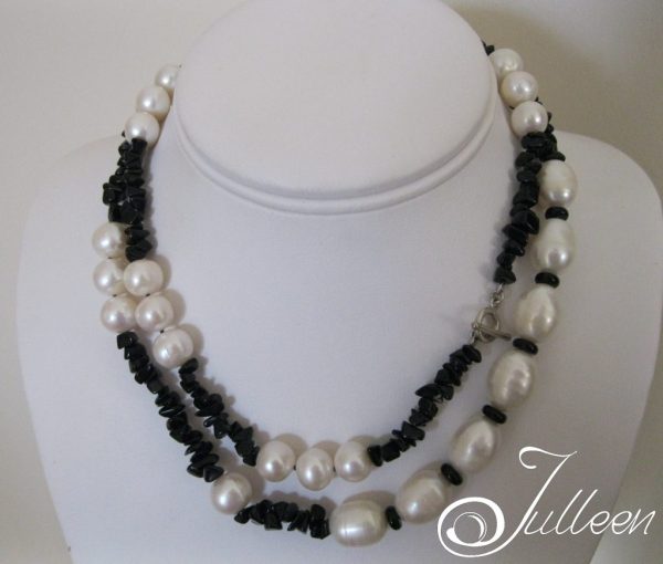 Black Obsidian and Large White Pearl Long Necklace 925 - Image 4