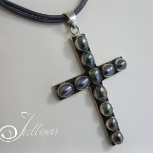 75mm Black Pearl Sterling Silver Cross on Leather Necklette