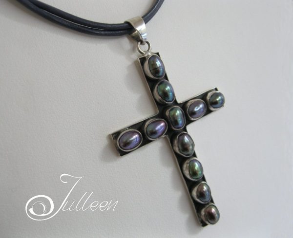 75mm Black Pearl Sterling Silver Cross on Leather Necklette