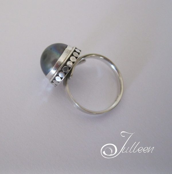 Black Moon Mabe Ring Adjustable Band 925 - Image 2