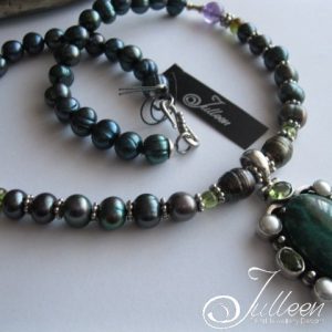 Chrysocolla, Peridot Pearl Pendant Necklace on Peacock Green Pearl