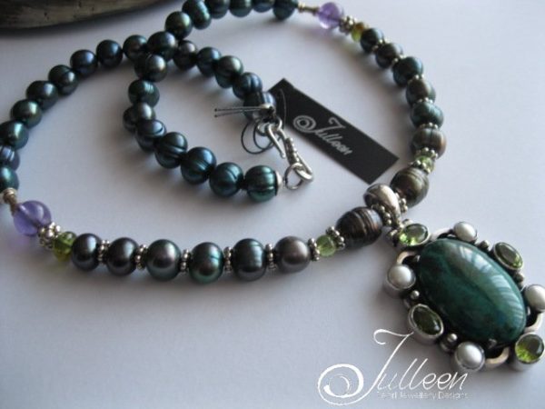 Chrysocolla, Peridot Pearl Pendant Necklace on Peacock Green Pearl