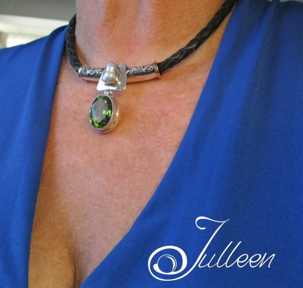 Chrome Diopside 26ct Baroque Pearl Hallmarked 925 Leather Pendant Necklace - Image 5