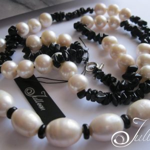 Black Obsidian and Large White Pearl Long Necklace 925
