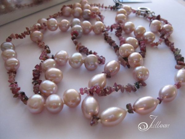 Pink Pearl and Watermelon Tourmaline Long Flowing Necklace 36 inch - Image 3