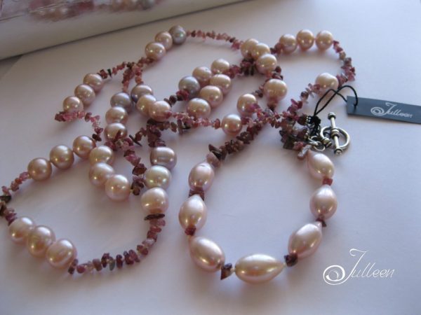 Pink Pearl and Watermelon Tourmaline Long Flowing Necklace 36 inch - Image 2