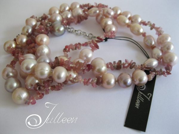 Pink Pearl and Watermelon Tourmaline Long Flowing Necklace 36 inch - Image 4