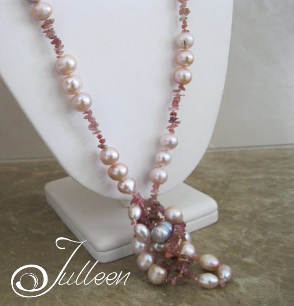 Pink Pearl and Watermelon Tourmaline Long Flowing Necklace 36 inch - Image 6